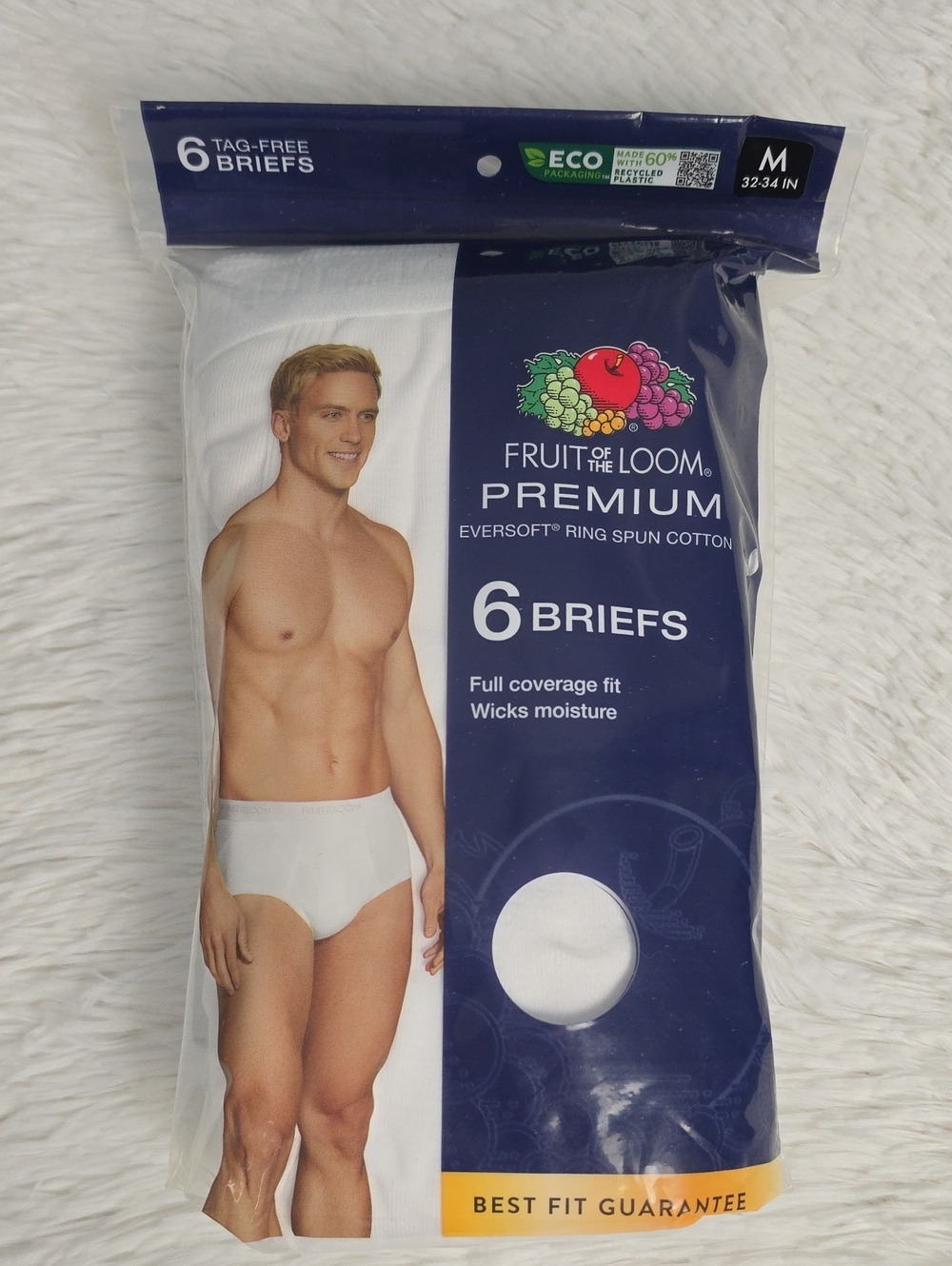 Fruit Of The Loom 6 Tag-Free Briefs White, Size M(32-34IN), NEW